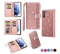 Samsung S22 5g Case Wallet,Glitter Carving Zipper Handbag with 9 Card Slots & Wrist Strap,Stand Flip Protective Cover for Women Magnetic Phone Case for Samsung Galaxy S22 5G (Rose Gold, Galaxy S22)
