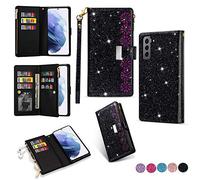 Samsung S22 5g Case Wallet,Glitter Carving Zipper Handbag with 9 Card Slots & Wrist Strap,Stand Flip Protective Cover for Women Magnetic Phone Case for Samsung Galaxy S22 5G (Black, Galaxy S22)