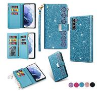 Samsung S22 5g Case Wallet,Glitter Carving Zipper Handbag with 9 Card Slots & Wrist Strap,Stand Flip Protective Cover for Women Magnetic Phone Case for Samsung Galaxy S22 5G (Sky Blue, Galaxy S22)