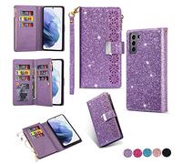 Samsung S22 5g Case Wallet,Glitter Carving Zipper Handbag with 9 Card Slots & Wrist Strap,Stand Flip Protective Cover for Women Magnetic Phone Case for Samsung Galaxy S22 5G (Purple, Galaxy S22)