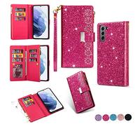 Samsung S22 5g Case Wallet,Glitter Carving Zipper Handbag with 9 Card Slots & Wrist Strap,Stand Flip Protective Cover for Women Magnetic Phone Case for Samsung Galaxy S22 5G (Rose Red, Galaxy S22)