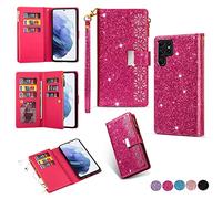 Samsung S22 Ultra 5g Case Wallet,Glitter Carving Zipper Handbag with 9 Card Slots & Wrist Strap,Stand Flip Protective Cover for Women Magnetic Phone Case for Samsung Galaxy S22 Ultra 5G (Rose Red)