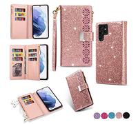 Samsung S22 Ultra 5g Case Wallet,Glitter Carving Zipper Handbag with 9 Card Slots & Wrist Strap,Stand Flip Protective Cover for Women Magnetic Phone Case for Samsung Galaxy S22 Ultra 5G (Rose Gold)