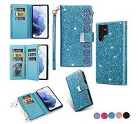 Samsung S22 Ultra 5g Case Wallet,Glitter Carving Zipper Handbag with 9 Card Slots & Wrist Strap,Stand Flip Protective Cover for Women Magnetic Phone Case for Samsung Galaxy S22 Ultra 5G (Sky Blue)