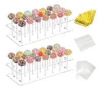 SAMSYOKI 2 Pack Cake Pop Stands, 21 Holes Lollipop Holder with 100 Sticks, Bags and Ties, Acrylic Material for Wedding, Birthday Parties