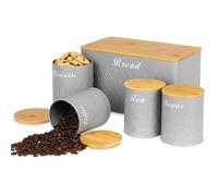 SAMTEK Grey Bread Bin and Canister Set, Stylish 5 Piece Tea, Sugar, Coffee, Biscuit & Bread Bin Tins Set, Kitchen Storage Canisters with Airtight Lids & Embossed Metal Finish