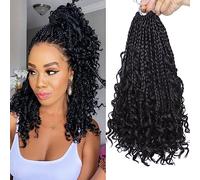 Samtress Boho Box Braids - 8 Packs Goddess Braids with Curly Hair, 10 Inch Natural Black, Pre Looped, Bohemian Style, Synthetic Braiding Hair for Women