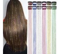 Samtress Clip in Hair Tinsel 12 Pcs Hair Tinsel Clip in 20.5 Inch Glitter Shiny Sparkly Fairy Tinsel Kit Hair Extensions for Girls Party Festival Accessories for Women Kids (Six Color)