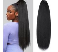 Samtress Yaki Straight Ponytail Extension for Black Women 24 Inch Fluffy Thick Synthetic Ponytails Long Straight Fake Pony Tail Natural Soft Clip in Hair Extension Drawstring Style (#1B)