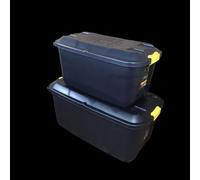 Samuel Alexander 1 x 145L & 1 x 75L Heavy Duty Trunks on Wheels Sturdy, Lockable, Stackable & Nestable Design Storage Chest with Clips in Black Samuel Alexander Black