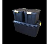 Samuel Alexander 1 x 145L & 2 x 60L Heavy Duty Trunks 1 on Wheels Sturdy, Lockable, Stackable & Nestable Design Storage Chest with Clips in Black Samuel Alexander Black
