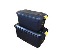 Samuel Alexander 1 x 145L AND 1 x 75L Heavy Duty Trunks on Wheels Sturdy, Lockable, Stackable and Nestable Design Storage Chest with Clips in Black