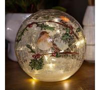 Samuel Alexander 15Cm Battery Operated Light Up Robin Crackle Glass Ball With 12 Warm White Leds