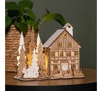 Samuel Alexander 16cm Battery Operated Light up Wooden House Scene with Christmas Trees and Warm White LEDs