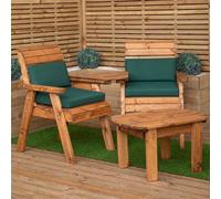 Samuel Alexander 2 Seater Chunky Rustic Wooden Furniture Love Seat With Tray, Coffee Table & Green Cushions