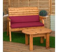Samuel Alexander 2 Seater Chunky Rustic Wooden Garden Furniture Bench With Coffee Table & Burgundy Cushions