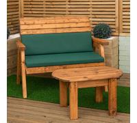 Samuel Alexander 2 Seater Chunky Rustic Wooden Garden Furniture Bench With Coffee Table & Green Cushions