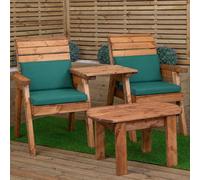 Samuel Alexander 2 Seater Chunky Wooden Garden Furniture Set With Coffee Table & Green Cushions