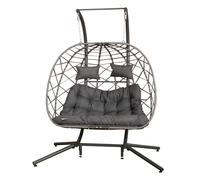 Samuel Alexander 2 Seater Hanging Garden Rattan Egg Chair with Steel Frame and Waterproof Cover in Grey - Hanging Egg Chair