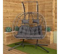 Samuel Alexander 2 Seater Hanging Garden Rattan Egg Chair with Steel Frame Outdoor Swing Folding Cocoon Chair Rattan Garden Furniture Conservatory Furniture and Waterproof Cover in Grey