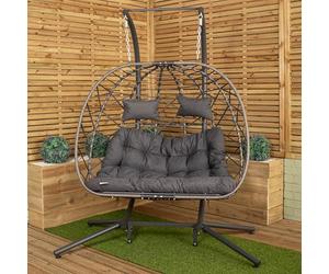 Samuel Alexander 2 Seater Hanging Garden Rattan Egg Chair with Steel Frame Outdoor Swing Folding Cocoon Chair Rattan Garden Furniture Conservatory Furniture and Waterproof Cover in Grey