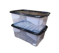 Samuel Alexander 2 X 42L Clear Storage Box With Black Lid, Stackable And Nestable Design Storage Solution