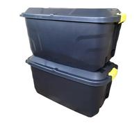 Samuel ALEXANDER 2 x 75L Heavy Duty Trunks on Wheels Sturdy, Lockable, Stackable and Nestable Design Storage Chest with Clips in Black