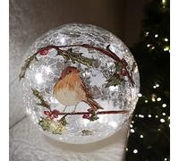 Samuel ALEXANDER 20cm Festive Christmas Crackle Effect Glass Robin LED Light Ball