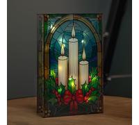 Samuel ALEXANDER 21cm Battery Operated Light up Stained Glass Christmas Decoration with Candles & Holly with Warm White LEDs