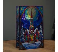 Samuel Alexander 21Cm Battery Operated Light Up Stained Glass Christmas Decoration With Church Scene & Warm White Leds