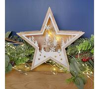 Samuel ALEXANDER 23cm Battery Operated Wooden Star Shape Woodland Scene Christmas Decoration