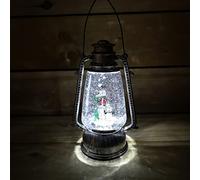 Samuel ALEXANDER 24cm Battery operated Snowman And Penguin Hurricane Lantern Glitter Water Spinner In Antique Silver