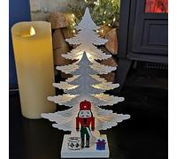 25cm LED Battery Operated Nutcracker with White Wooden Christmas Tree Scene