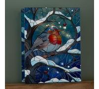 28cm Battery Powered Light up Stained Glass Christmas Decoration with Robin & Warm White LEDs