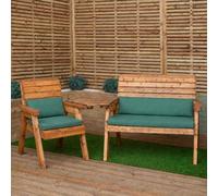 Samuel Alexander 3 Seater Chunky Rustic Wooden Garden Furniture Set With Angled Tray & Green Cushions