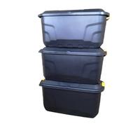 Samuel Alexander 3 X 75L Heavy Duty Trunks On Wheels Sturdy, Lockable, Stackable And Nestable Design Storage Chest With Clips In Black