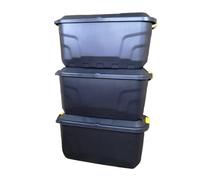 Samuel ALEXANDER 3 x 75L Heavy Duty Trunks on Wheels Sturdy, Lockable, Stackable and Nestable Design Storage Chest with Clips in Black