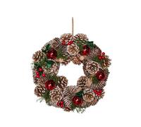 Samuel ALEXANDER 30cm Hanging Christmas YuleFest Wreath with Red Baubles & Snow Tipped Pine Cones
