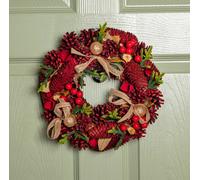 Samuel Alexander 30Cm Red Rose Hanging Christmas Wreath With Pinecones & Red Berries