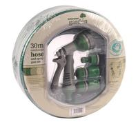 Samuel Alexander 30M Reinforced Green Garden Hose Pipe / Hosepipe And Spray Gun Set
