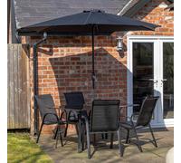Samuel Alexander 4 Person Rectangular Glass Top Garden Dining Table Chairs With Beige Parasol & Base Set in Black Samuel Alexander Black 4 Person