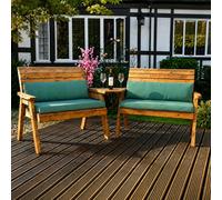 Samuel Alexander 4 Seater Wooden Furniture Set. 2 Benches, Angled Tray & Green Cushions Samuel Alexander Green