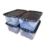 Samuel Alexander 4 X 42L Clear Storage Box With Black Lid, Stackable And Nestable Design Storage Solution