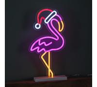 43cm Light up Neon Effect Flamingo with Santa Hat on Base with Multi-Coloured LEDs