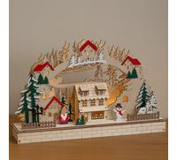 Wooden Christmas Candle Bridge with Warm White LED Village Scene