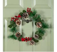 Samuel Alexander 45cm Hanging Christmas Wreath with Red Berries and Frosted Pinecones