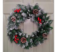 Samuel Alexander 45cm Snow Tipped Green Wreath Christmas Decoration with 125 Tips, Pine Cones and Berries