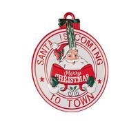 Samuel ALEXANDER 47cm Round Metal Santa is Coming to Town Sign Christmas Wall Decoration in Red & White