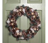 Samuel Alexander 50Cm Frosted Hanging Christmas Wreath With Pine Cones & Wooden Stars