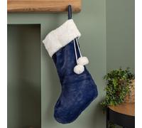 55cm Blue Soft Plush Hanging Christmas Stocking with Faux Fur Trim and Pom Poms